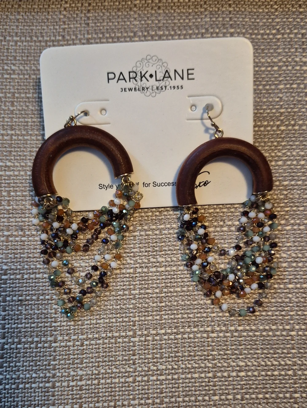 Park Lane Brown Wood Hoop Earrings with Multicolor Beaded Strands - Picture 1 of 2